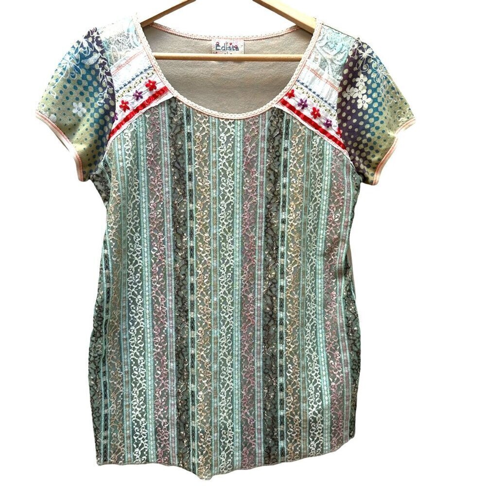 Edista Embroidered Lace Knit Top Boho Patchwork Artsy Fairy‎ Cottage Core Large